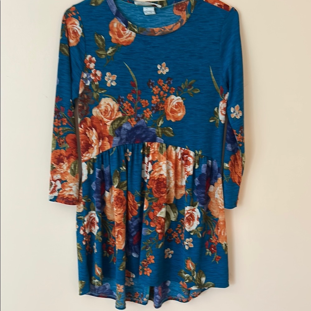 Orange and Blue Casual 3/4 Sleeve Crew Neck Blouse